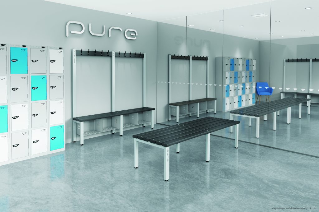 Locker room bench seating and storage shelving for gym in London