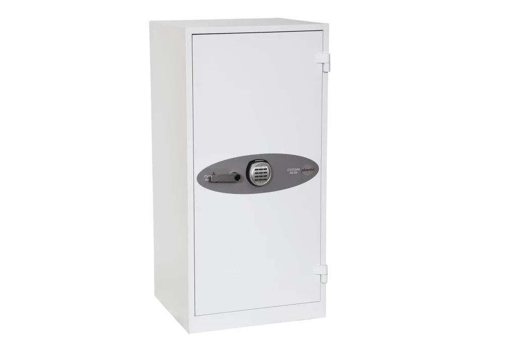 Phoenix fire-rated safe with open door showing interior document storage compartments