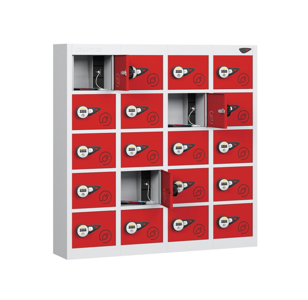 Member phone charging lockers in UK gym changing room.