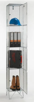 Wire mesh lockers showing open ventilation design with visible storage compartments in industrial construction site setting