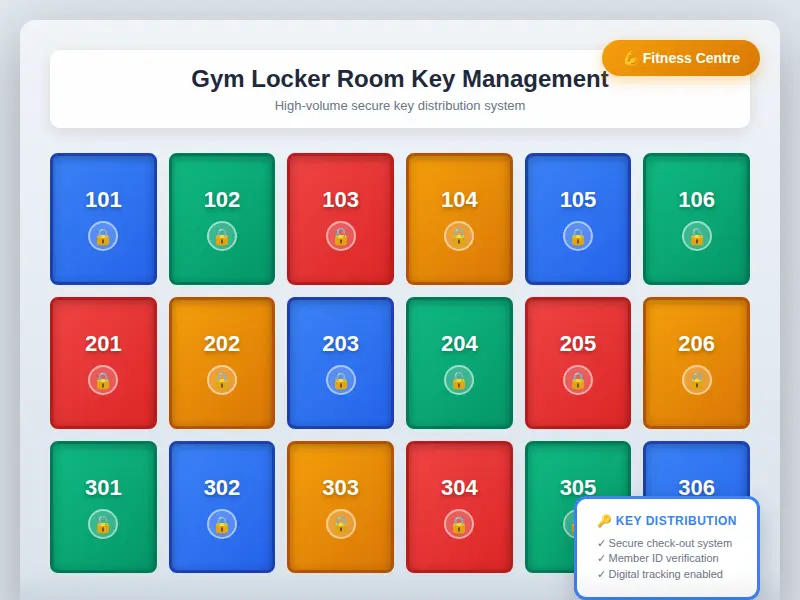 Gym locker room showing organised key management system with numbered lockers and secure key distribution point