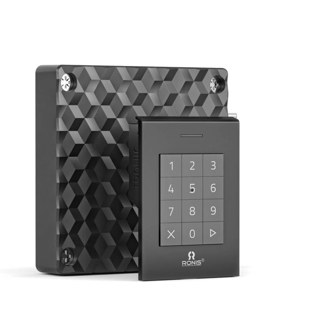 DOM Tronic Slim electronic combination lock installed on a grey locker door showing digital keypad interface