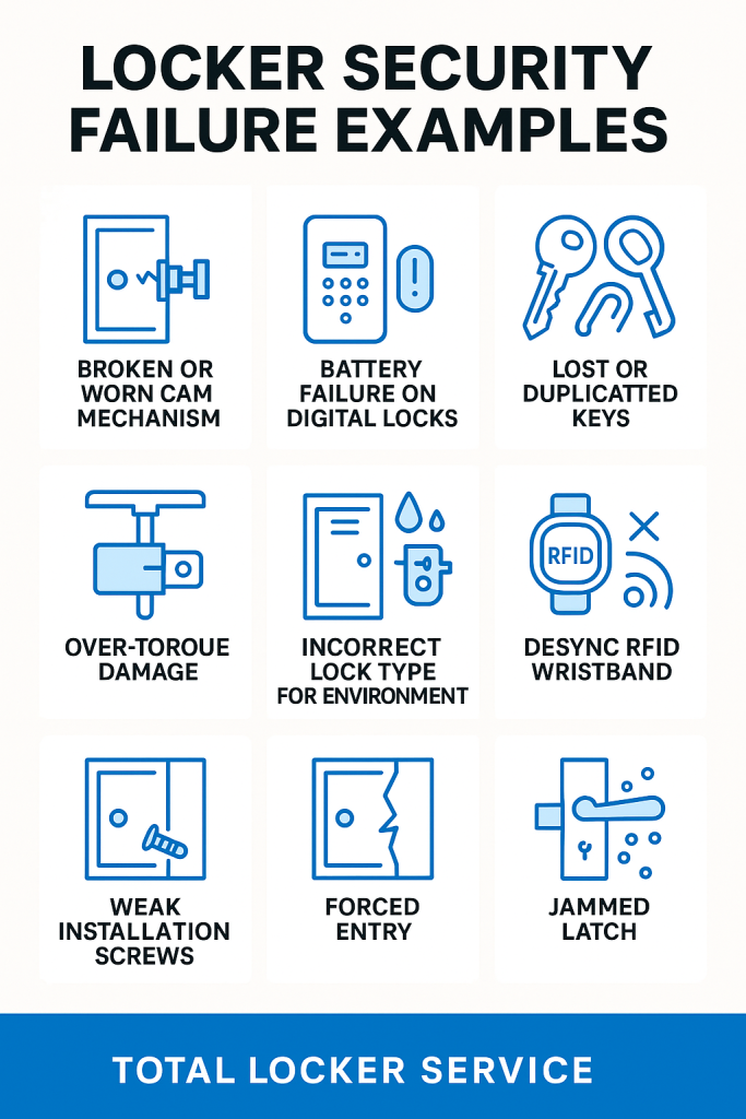 locker security systems. Locker security failure examples infographic