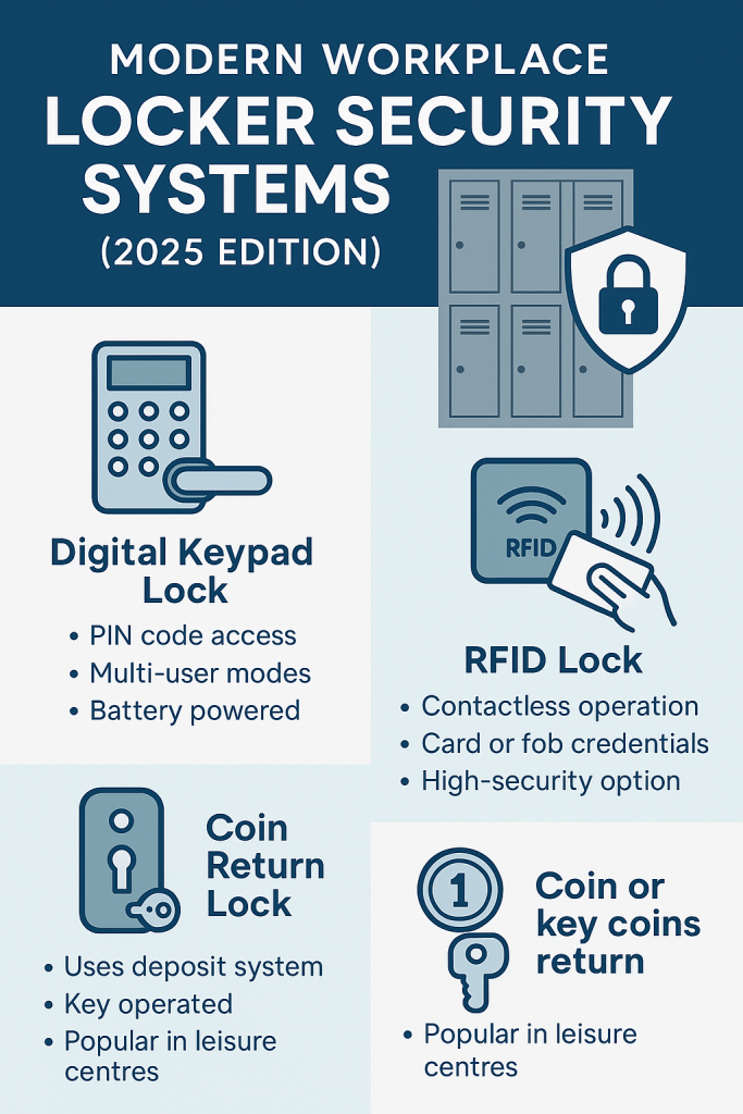Locker security systems.. Modern workplace locker security system infographic