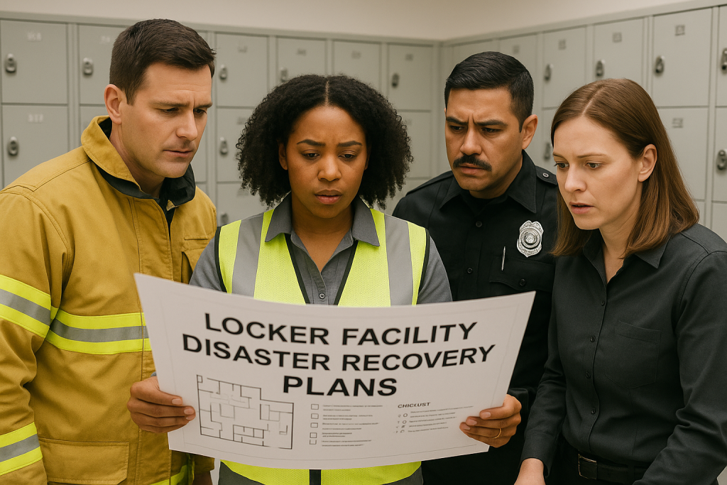 Emergency response team reviewing locker facility disaster recovery plans