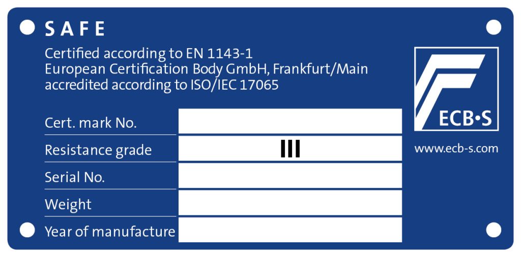 Safe certified according to EN 1143-1