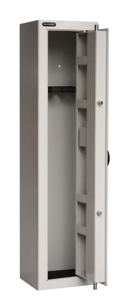 Gun safe interior showing vertical rifle racks, ammunition compartment, and secure locking bolts