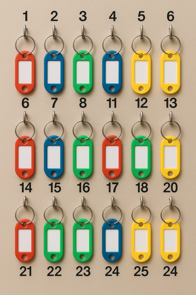 Organised locker key management board with numbered hooks and colour-coded key fobs