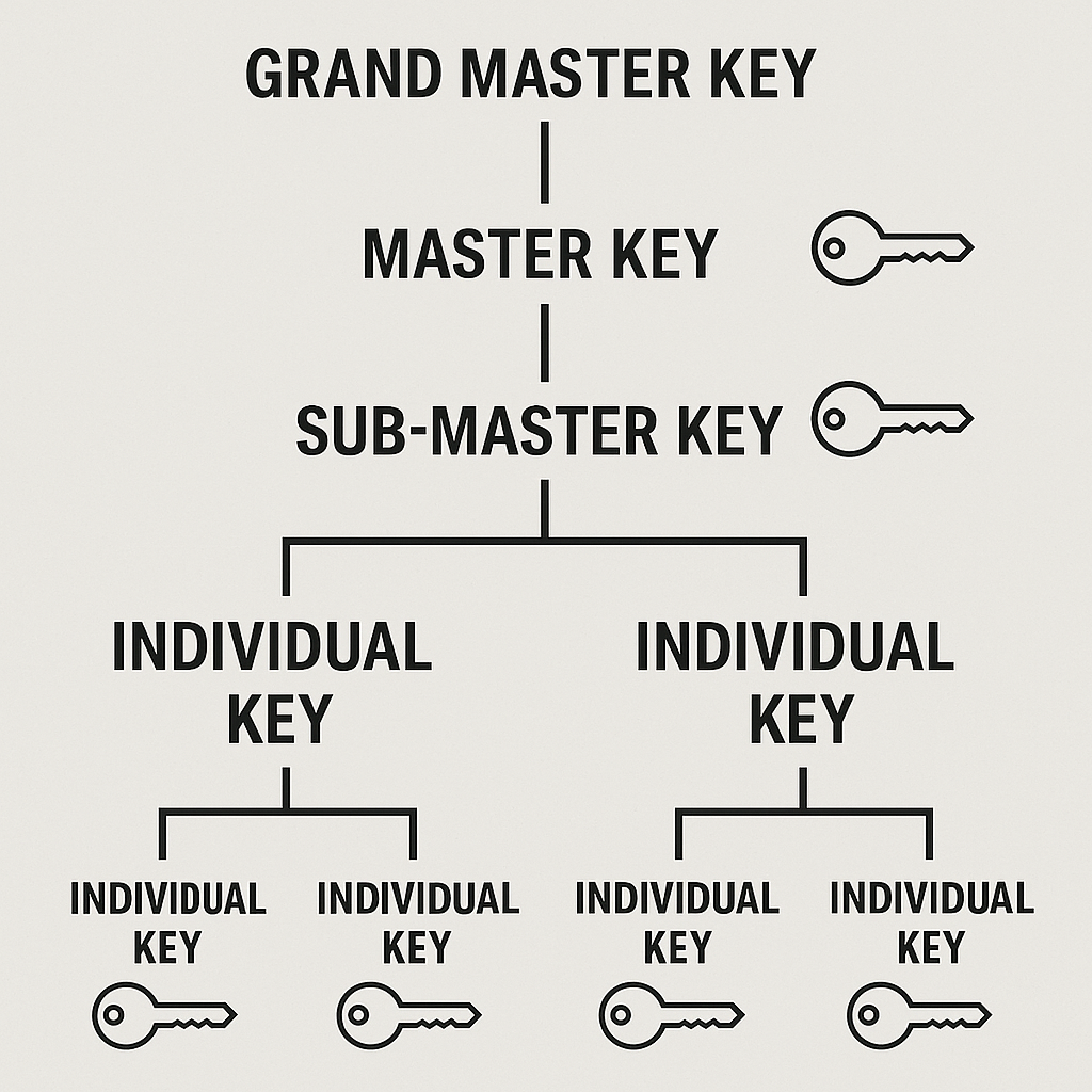 Hierarchical master key system diagram showing access levels from grand master to individual keys