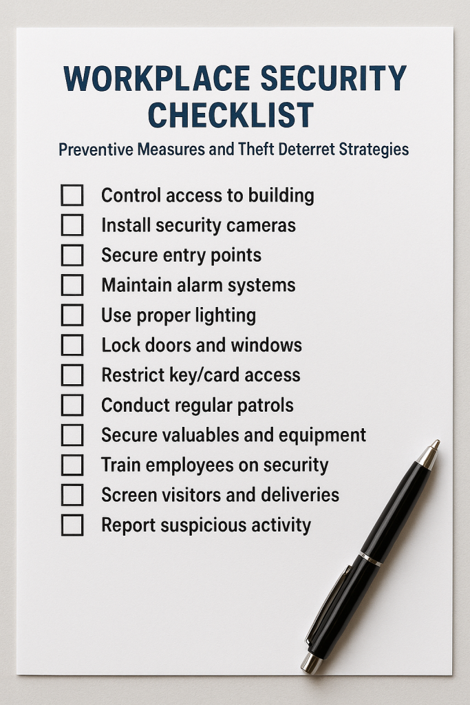 Workplace security checklist with preventive measures and theft deterrent strategies