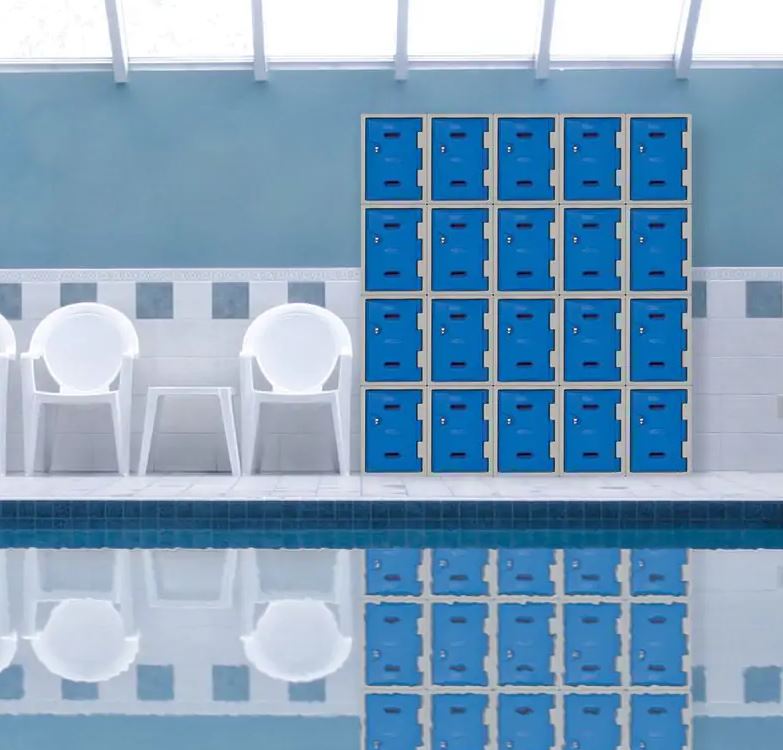 Plastic weatherproof locker with sealed doors in a poolside area