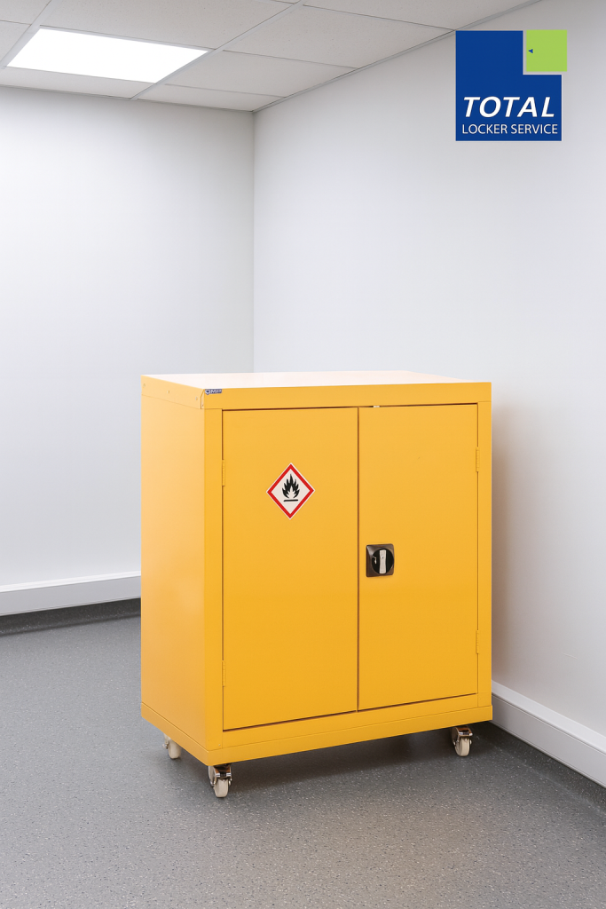 Yellow COSHH chemical storage cabinet in UK workshop