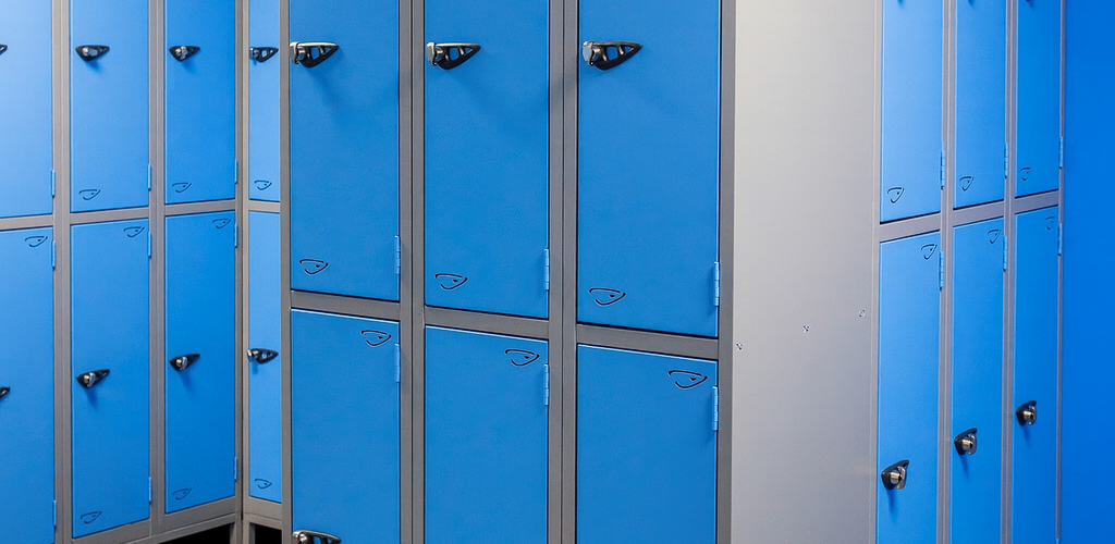 Steel lockers. powder coated steel lockers installed in school corridor