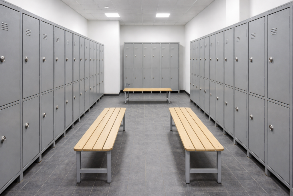 staff lockers in workplace changing room with seating benches