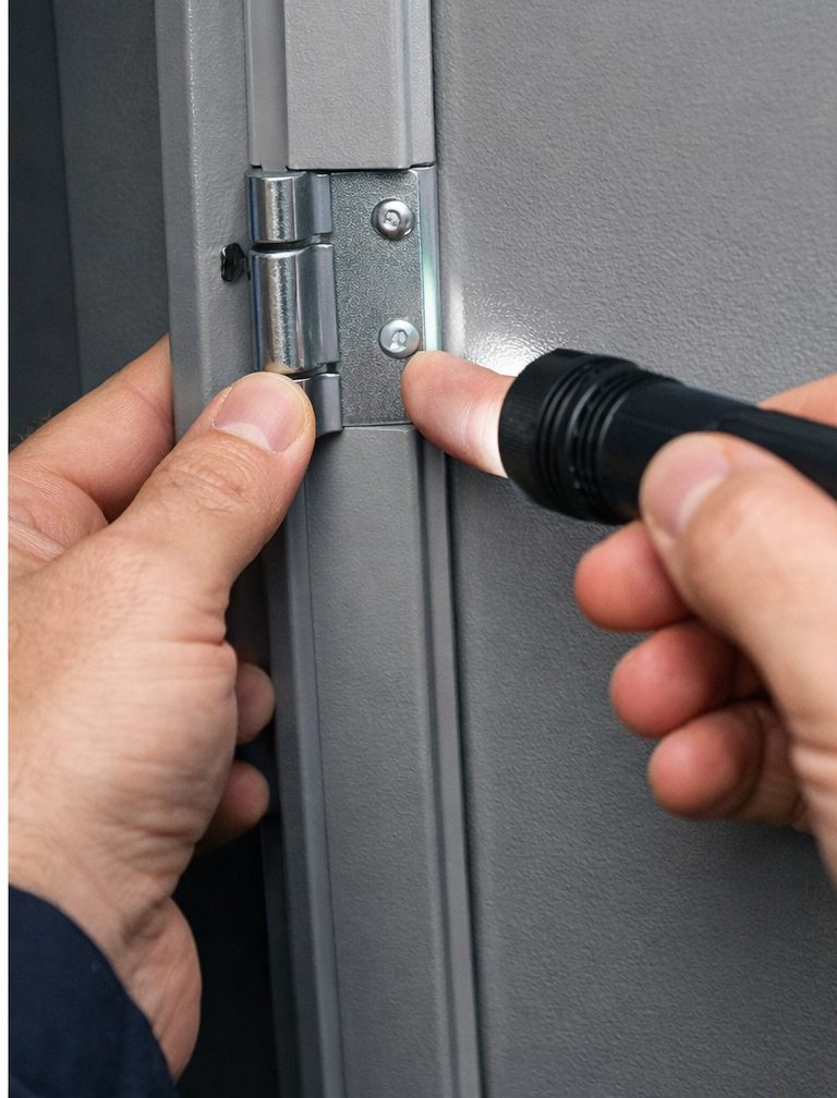facility worker tightening hinges on steel locker door
