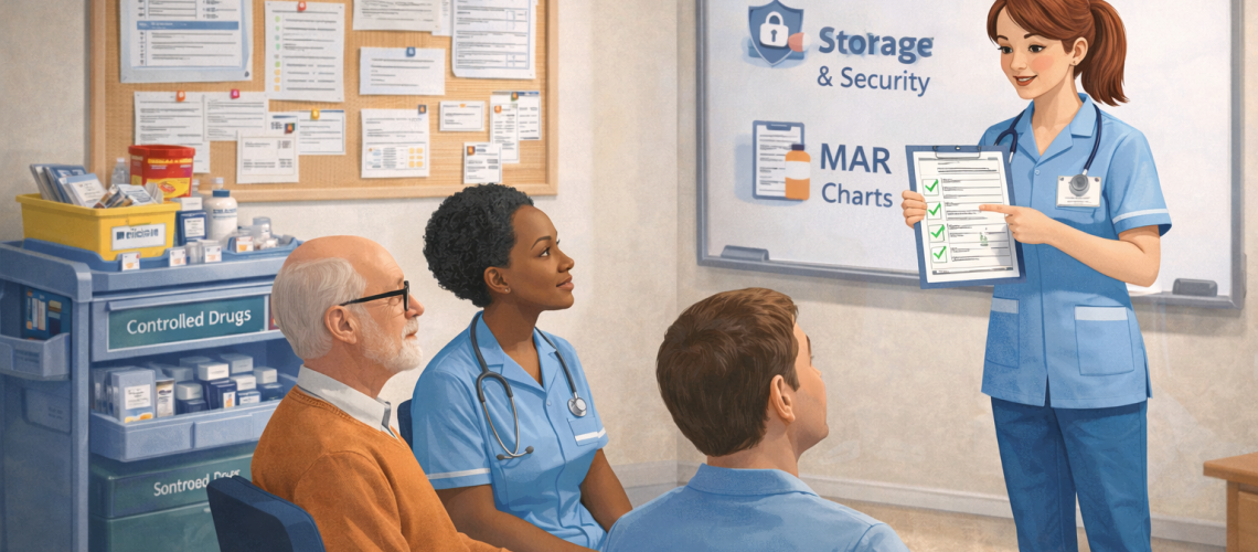 Care home staff training session on safe medicines handling with MAR charts, medicines storage and administration procedures