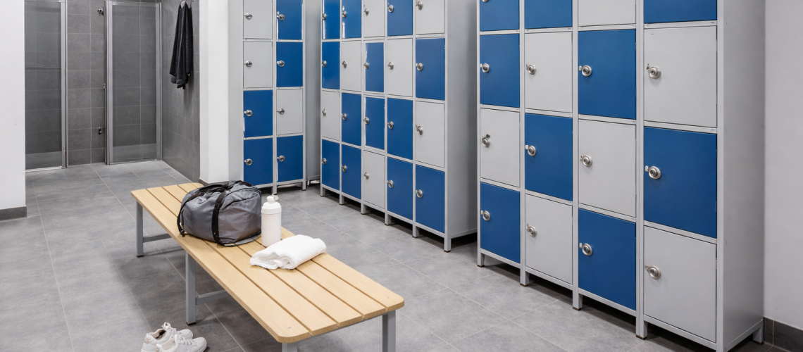 gym changing room lockers with bench seating