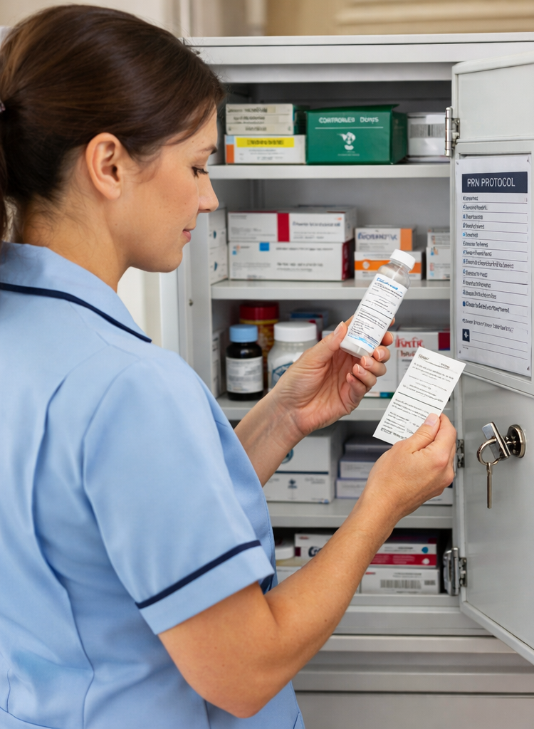 Carer checking PRN medicines in a locked medical cabinet in a care home