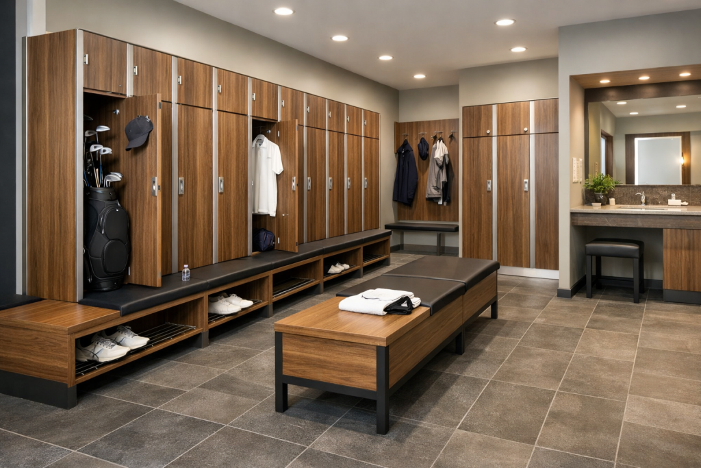 Golf club locker layout in  a changing room