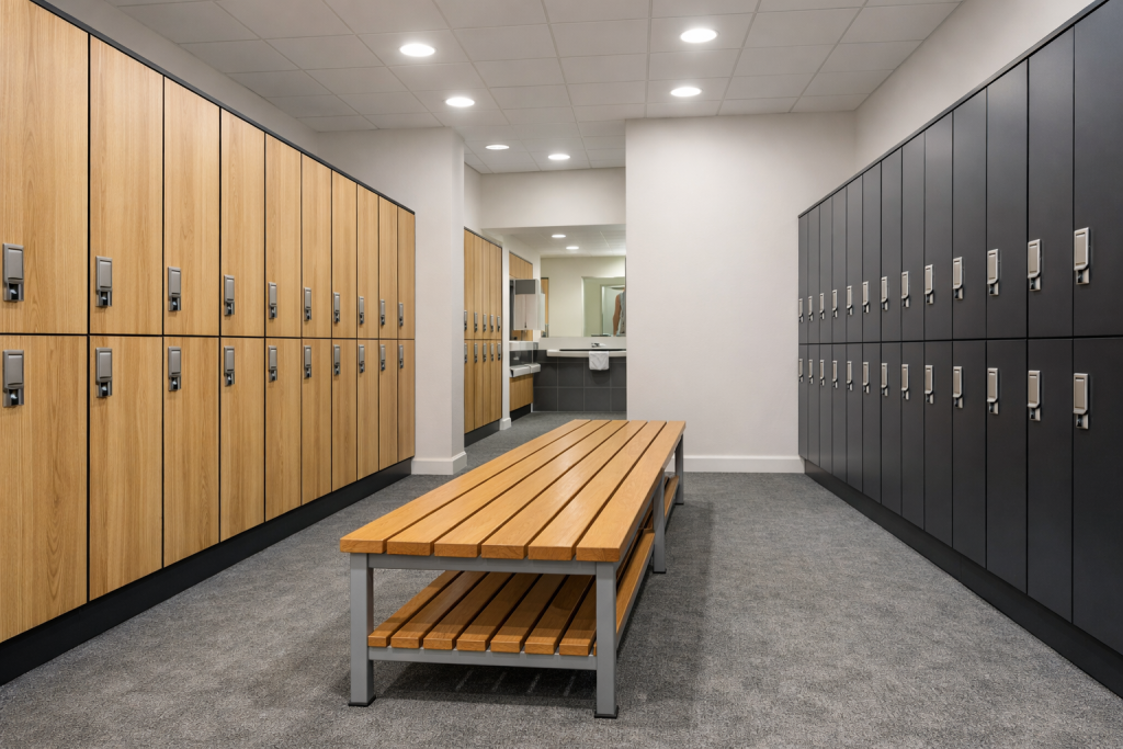 Golf club changing room with laminate lockers and bench seating
