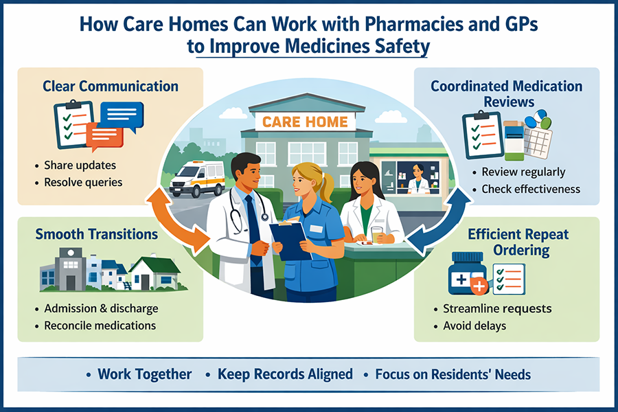 Care home nurse, pharmacist and GP reviewing medicines together to improve medication safety for residents