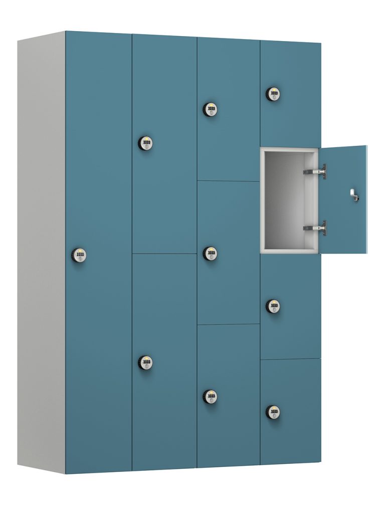 gym changing room lockers arranged in rows with central walkway