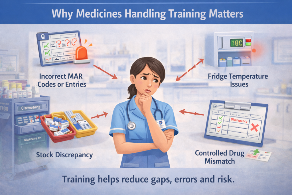 Care home staff training session on safe medicines handling