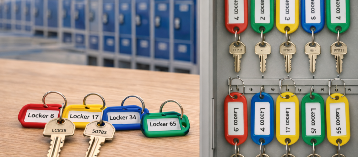 organised locker keys with labelled tags and colour coding system