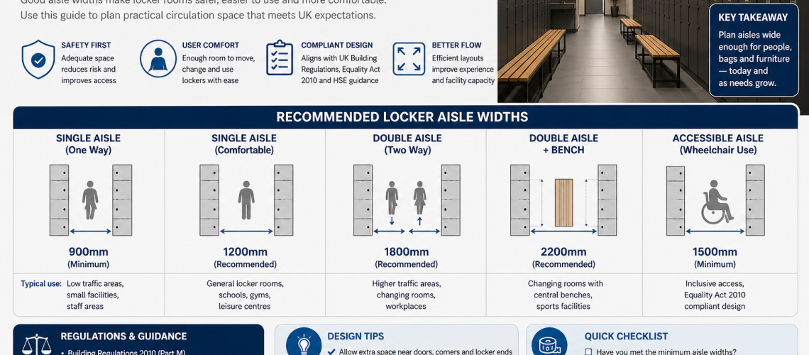 Locker aisle width guide UK showing recommended spacing: 900mm minimum single aisle, 1200mm comfortable, 1800mm double aisle, 2200mm with bench, and 1500mm accessible routes, with layout diagrams and safety guidance.