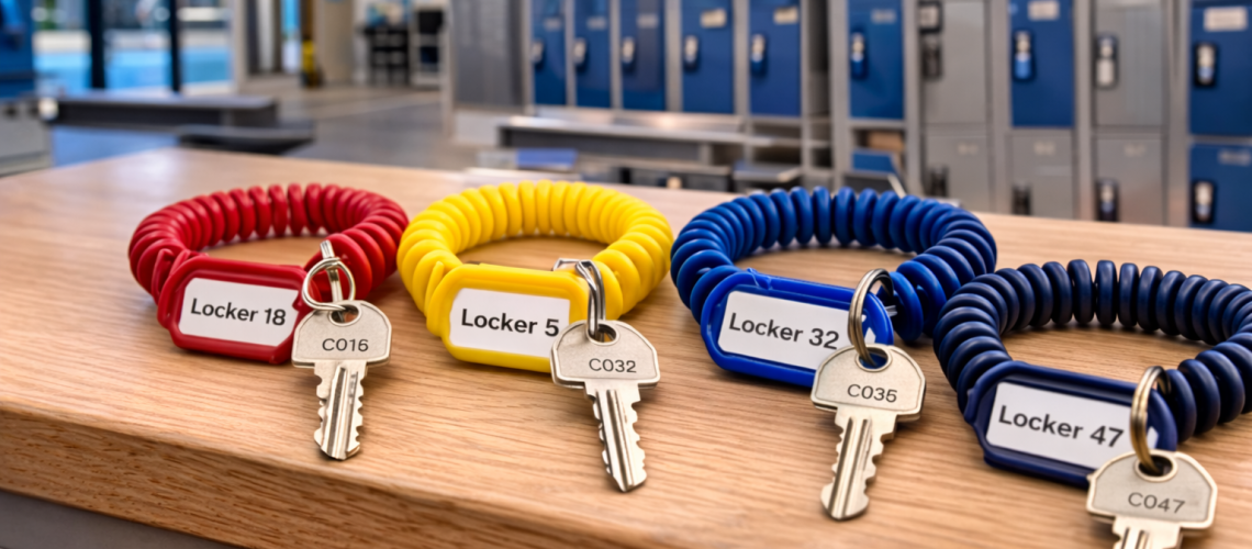gym locker keys with wrist straps for use in changing rooms