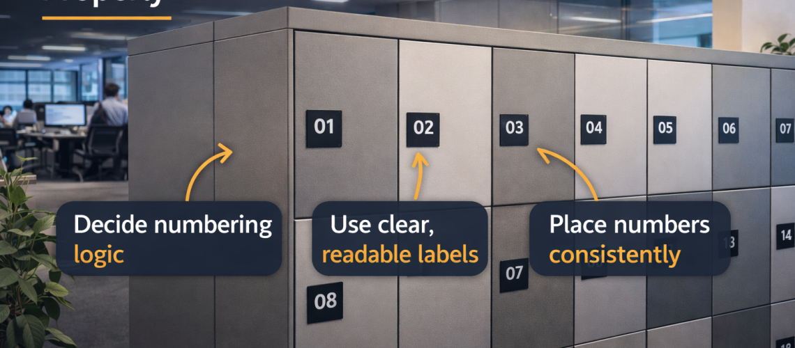 Numbered office lockers with clear labels in a modern workplace storage area designed for easy staff use and wayfinding