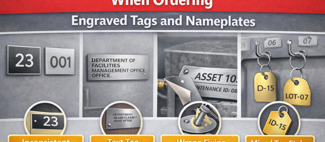 Examples of engraved tags and nameplates showing common design and ordering mistakes in workplace identification