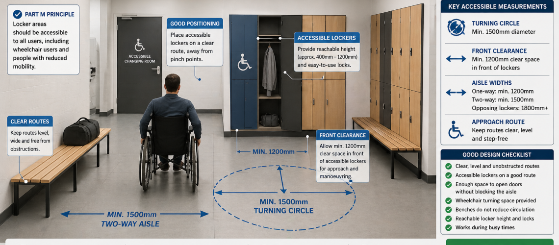 Accessible locker layout showing wheelchair turning circle, wide aisles and inclusive spacing design UK Part M guide