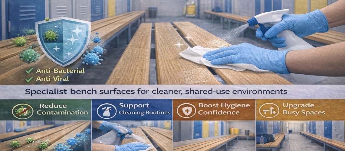 Changing room bench with antibacterial coating being cleaned in a hygienic locker room environment