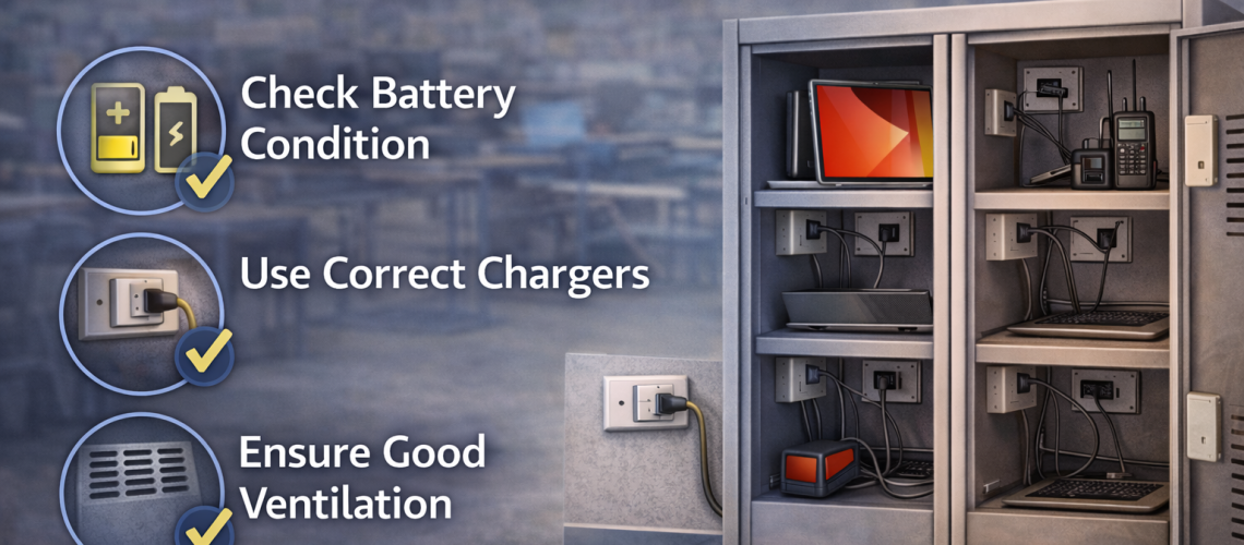 Charging locker with devices safely stored and charging, showing organised cables and proper ventilation in a workplace or school