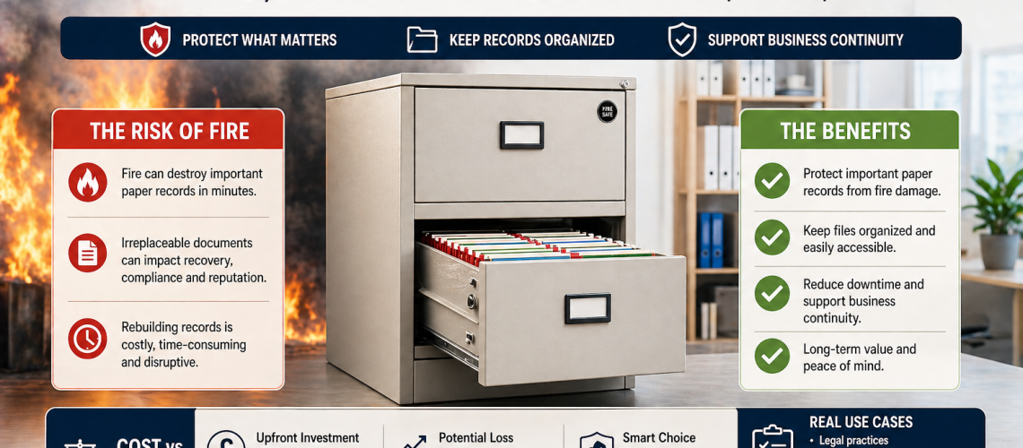 Fire-resistant filing cabinet protecting organised business documents with cost and benefit comparison icons.