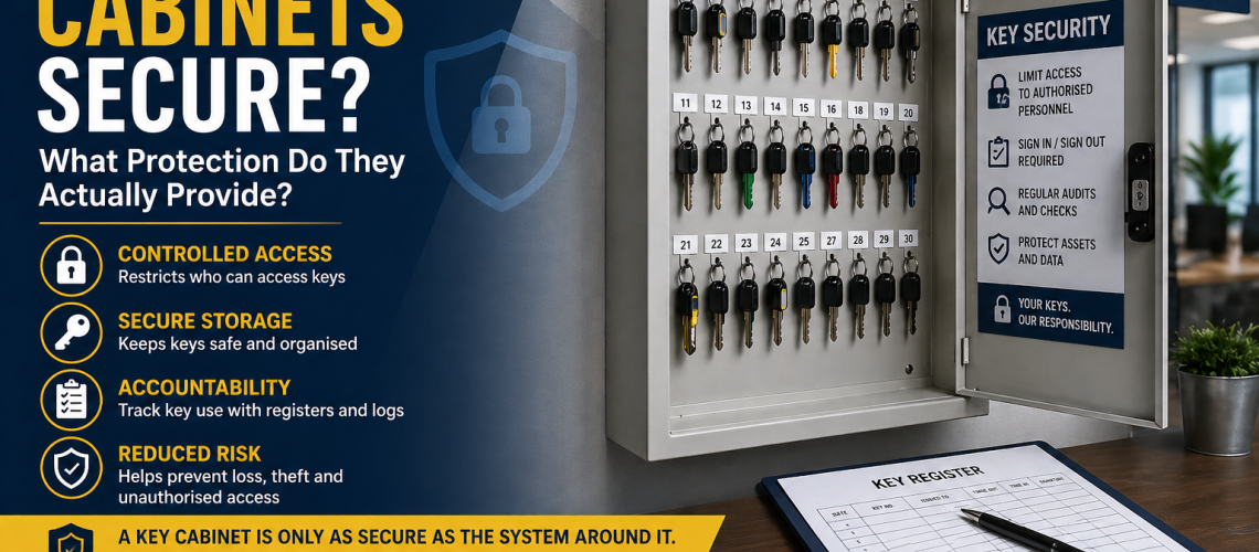 Wall-mounted key cabinet in secure office showing organised keys, numbered tags and locked access demonstrating key cabinet security in UK workplace