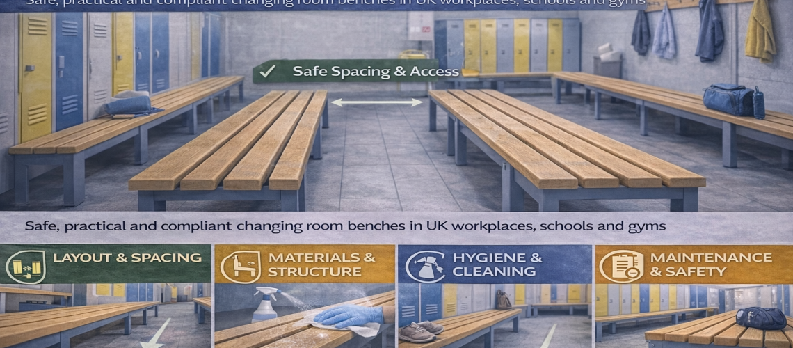 UK changing room with compliant bench layout showing safe spacing and clear walkways