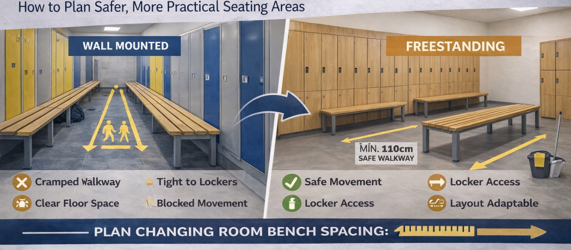 Changing room bench layout showing correct spacing between benches and lockers for safe and practical use