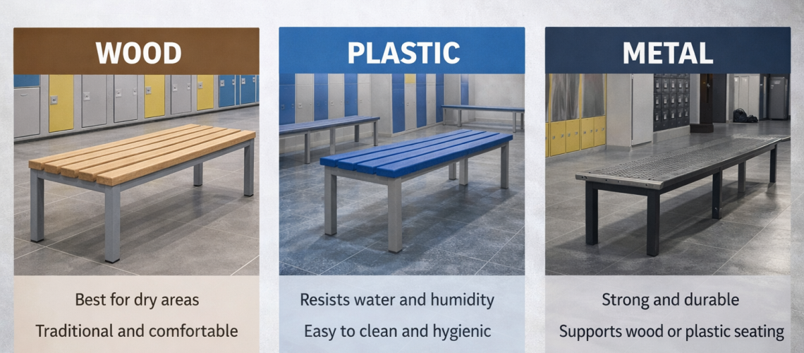 Comparison of bench materials including wood slat, plastic and metal benches in a UK changing room