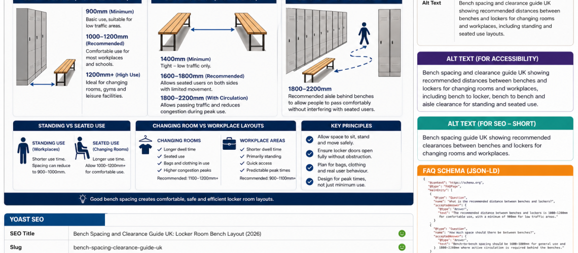 Bench spacing and clearance guide UK showing recommended distances between benches and lockers for changing rooms and workplaces, including standing and seated use.
