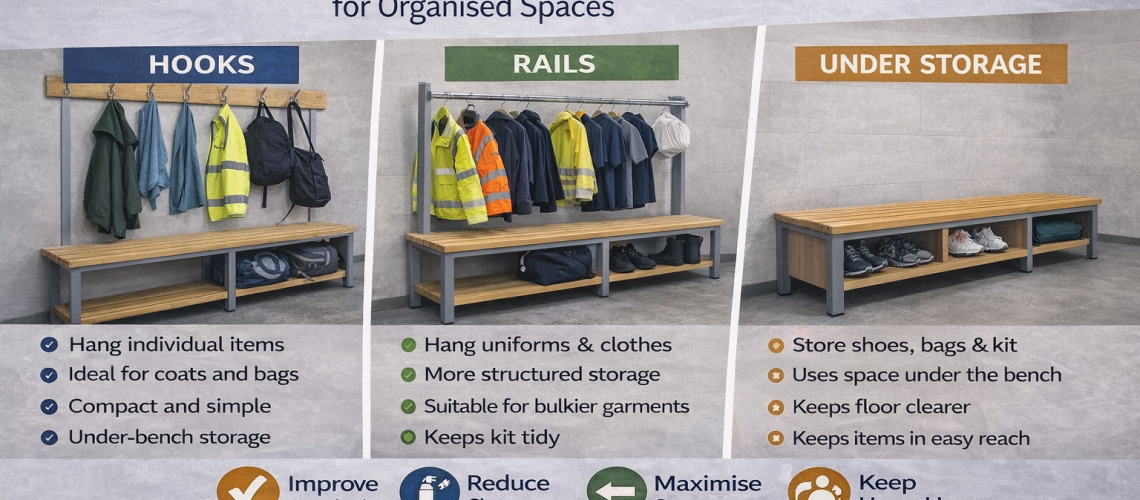 Changing room bench with hooks and under storage showing organised seating and hanging space