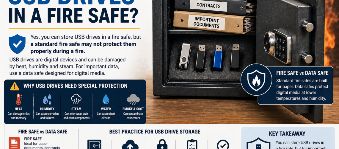 USB drives stored inside a fire safe showing protection limits for digital media compared to paper documents