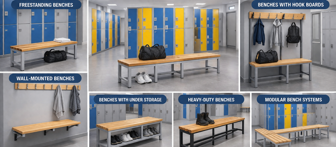 Different types of changing room benches including freestanding, wall-mounted and hook bench systems in a UK locker room