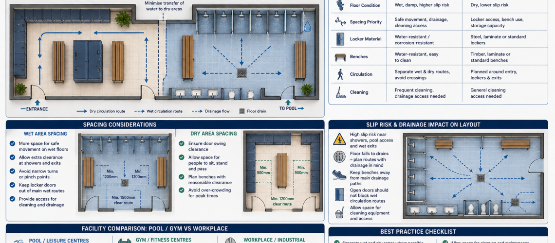 Changing room layout showing wet and dry zones with lockers, benches and safe circulation routes in a UK facility
