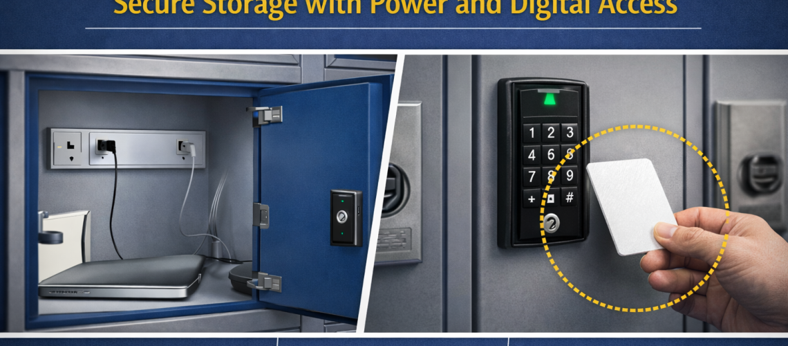 Charging and smart lockers with built-in power and digital access system in a modern UK workplace environment