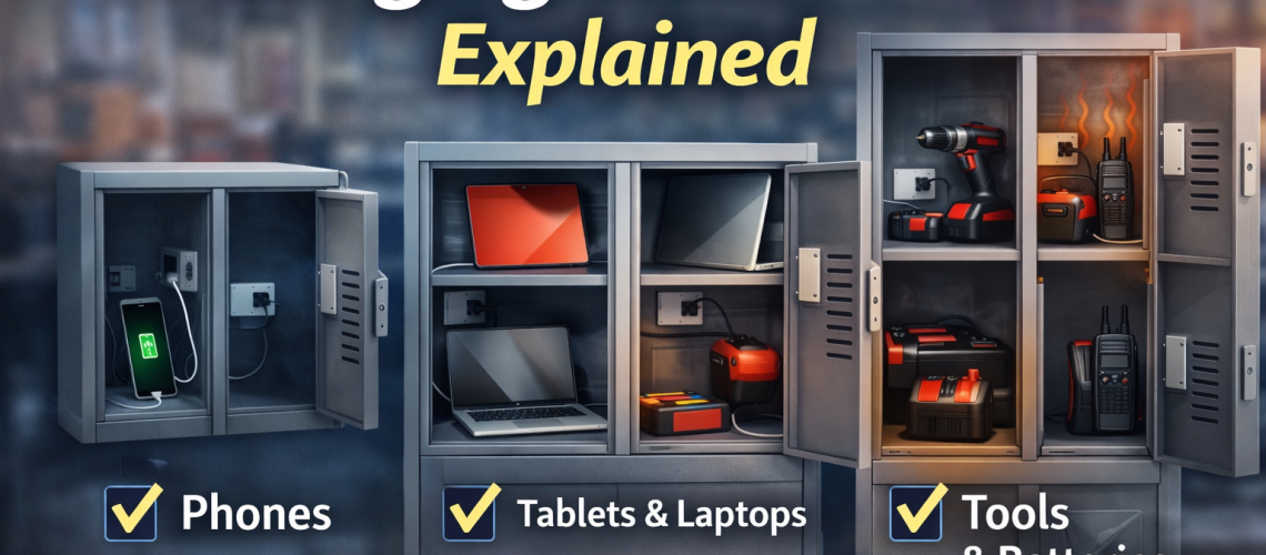 Charging lockers in different sizes showing compartments for phones, tablets, laptops and tools in a workplace or school setting