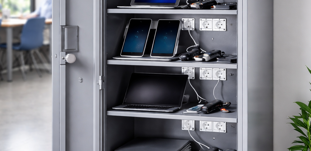 Charging locker with multiple compartments powering laptops and tablets in a UK workplace or school environment