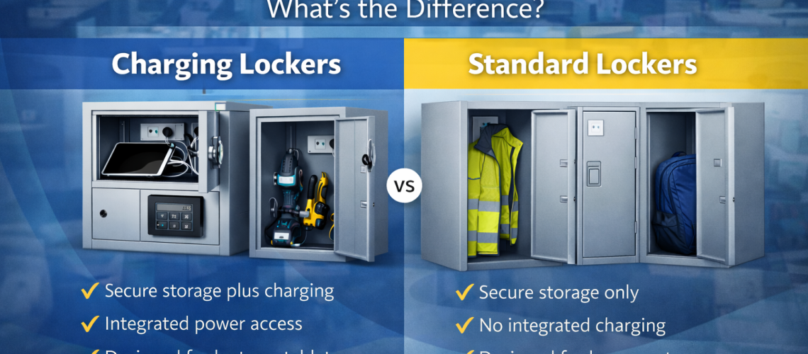 Comparison of charging lockers and standard lockers showing secure storage and integrated charging differences in a UK workplace setting