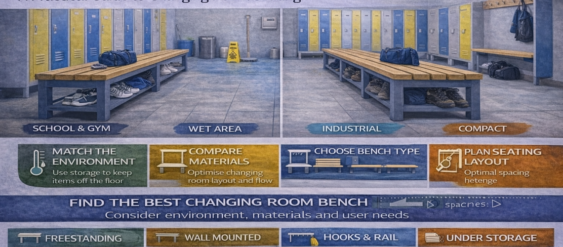 Different types of changing room benches in a UK locker room including freestanding, wall mounted and storage benches
